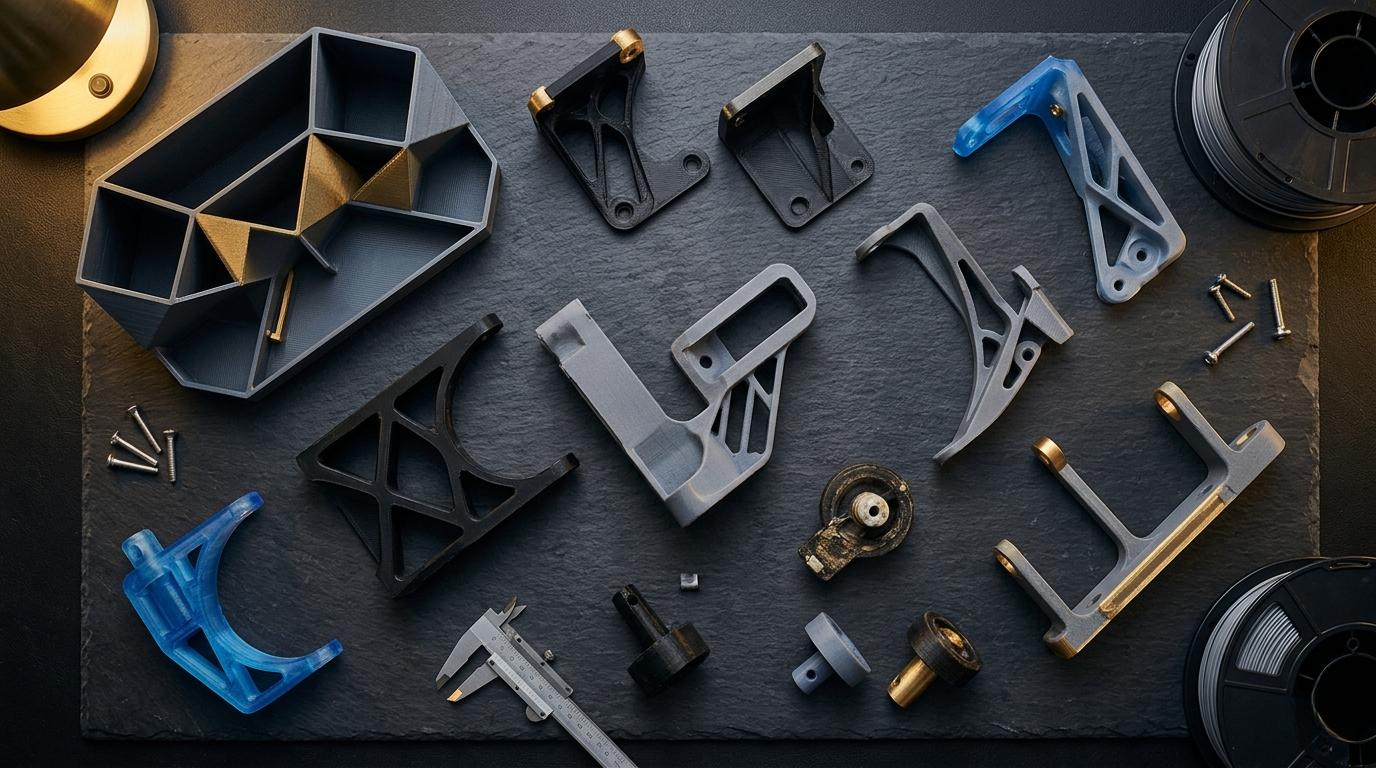 3D-gedruckte Teile auf dunklem Hintergrund