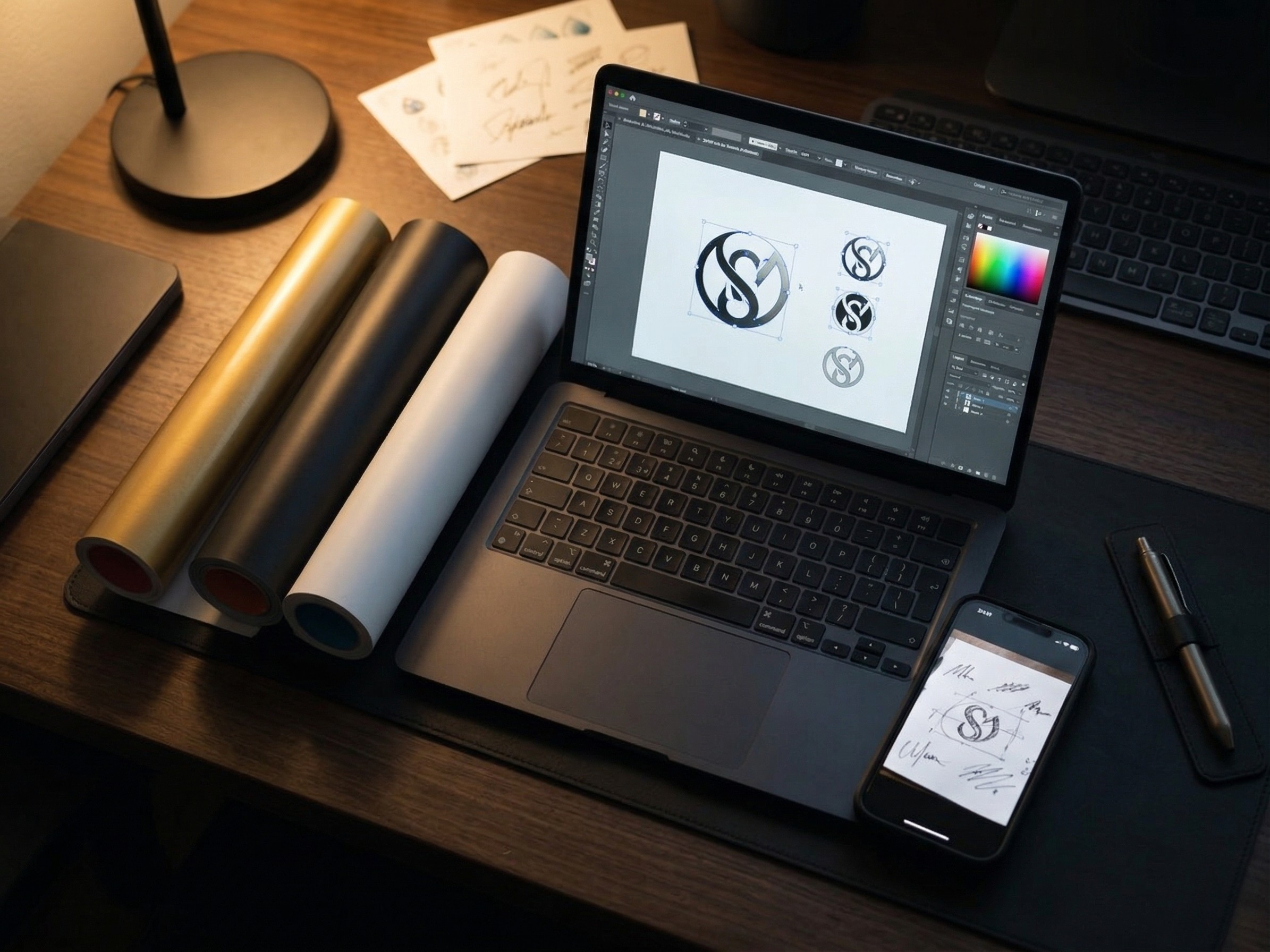 Logo-Design auf Bildschirm neben Vinyl-Rollen