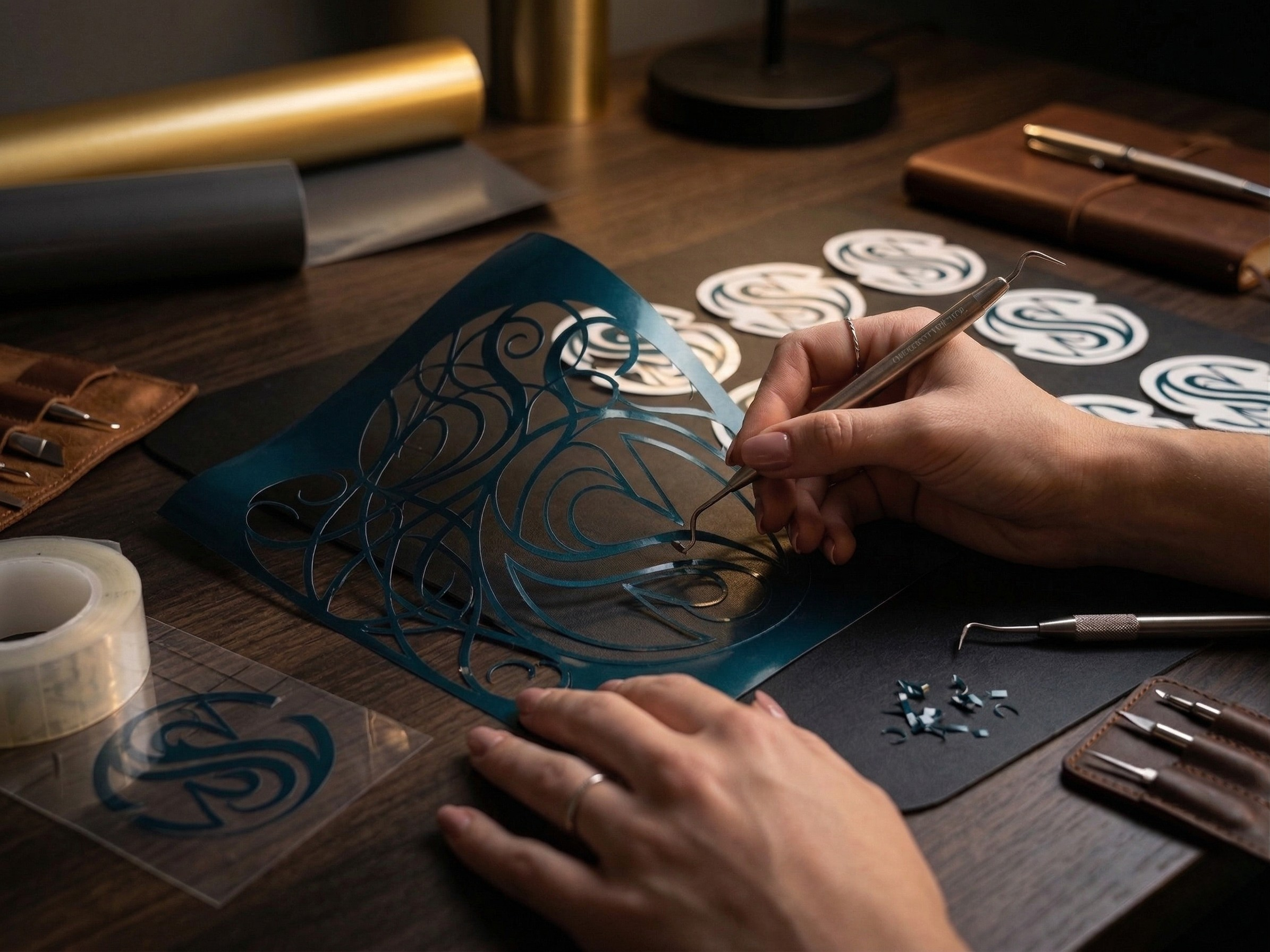 Fertige Vinyl-Aufkleber und Sticker auf Arbeitsflaeche