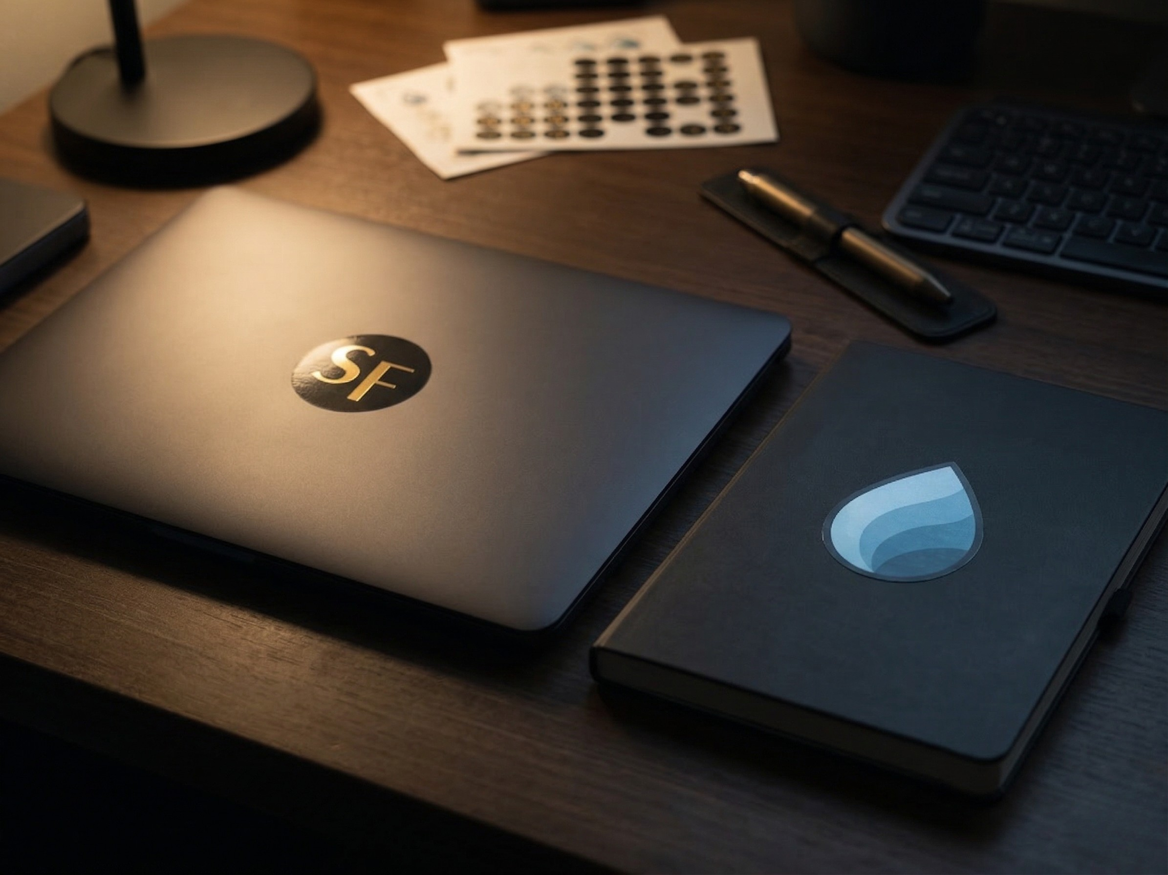 Custom Logo-Aufkleber auf Laptop und Notizbuch von Studio Flandana