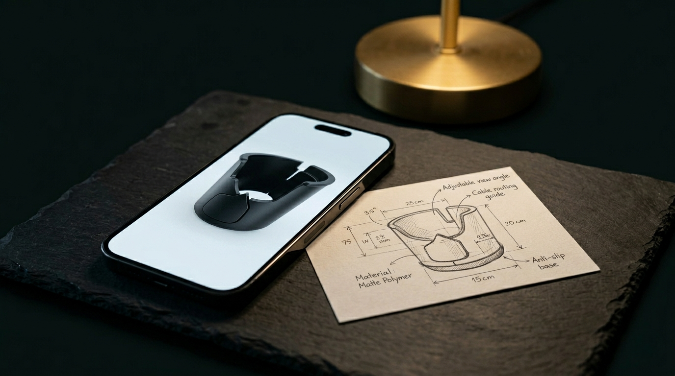 Smartphone mit Foto und Skizze eines Bauteils