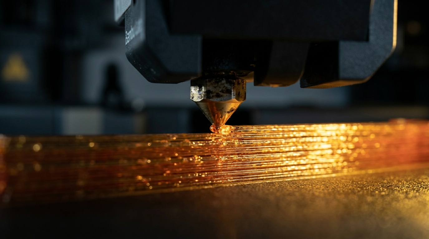 Nahaufnahme 3D-Druck-Duese mit sichtbaren Schichten