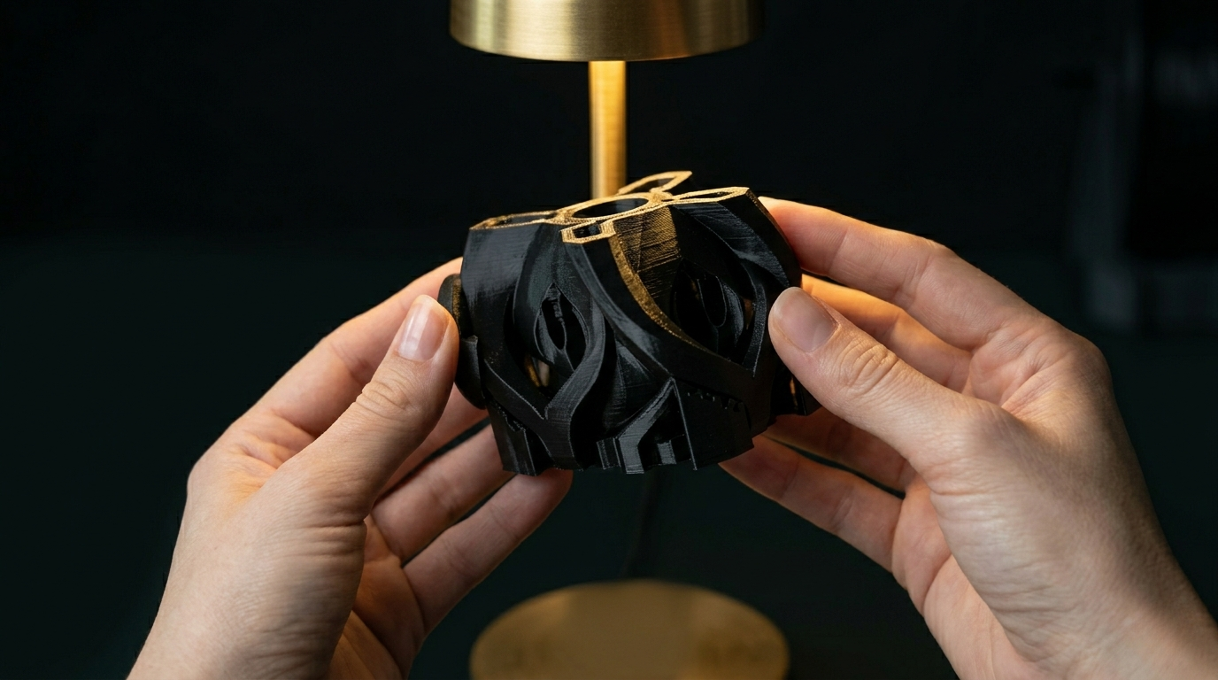 Haende halten ein fertiges 3D-gedrucktes Teil